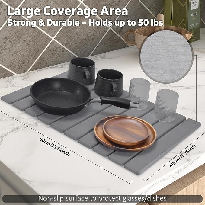 Stone Dish Drying Mat for Kitchen Counter – Collapsible 24"×16 Super Absorbent - Image 2