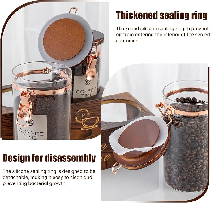 Glass Coffee Canister Set with Torched Wood Shelf, 2 Pack 45oz Airtight Storage - Image 4