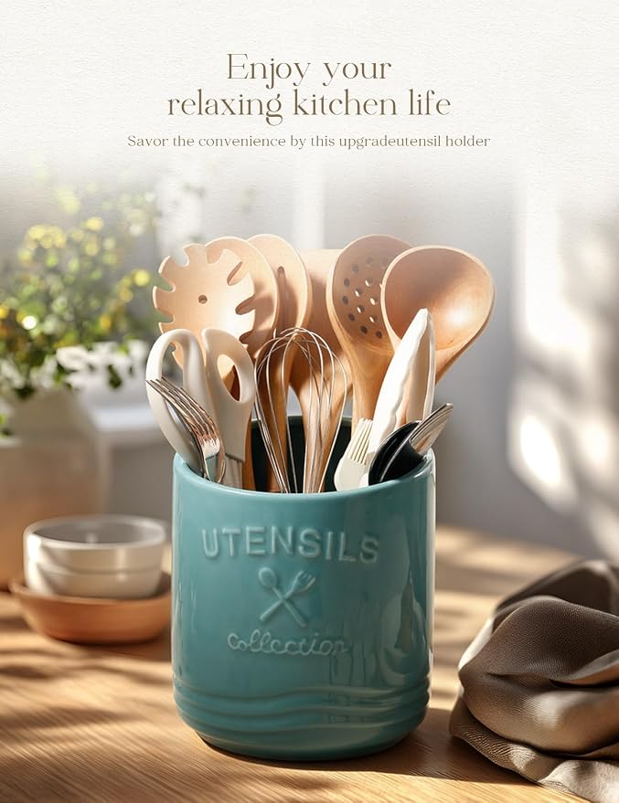 AISBUGUR Large Ceramic Utensil Holder 7.5" H×6.3" W - Image 2