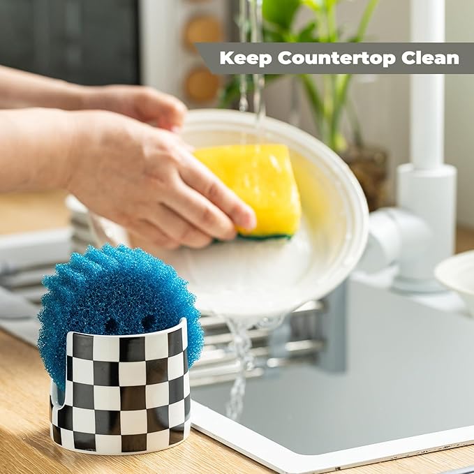 Zoeeker Checkered Kitchen Sink Sponge Holder, Dish Sponge Rack Ceramic Brush - Image 6