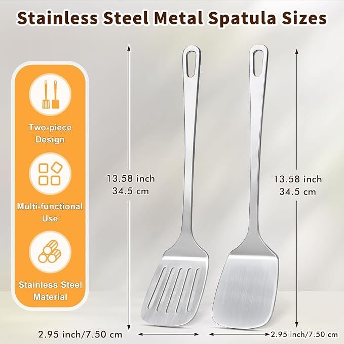 2 Pcs Stainless Steel Spatulas Set, Metal Spatula Solid & Slotted Turner - Image 6