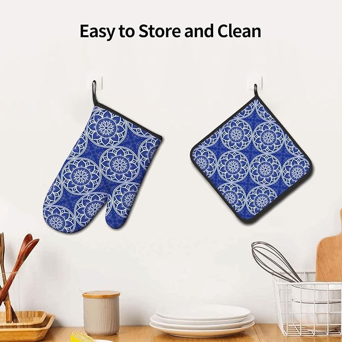 Chinoiserie Blue and White Floral Oven Mitts and Pot Holders Sets of 3 - Image 5