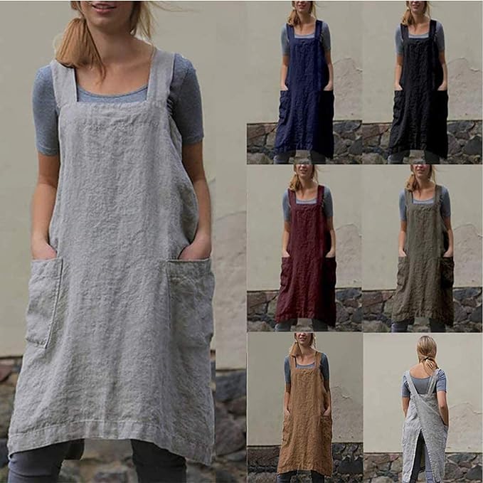 VLZUFE Cotton Linen Apron for women Cross Back Apron Pinafore Dress for Baking - Image 6