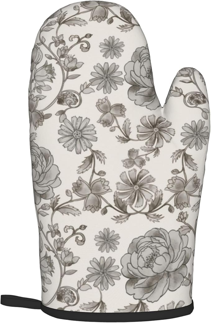Vintage Flowers Oven Mitts and Pot Holders Sets Boho Kitchen Gloves White Grey - Image 8