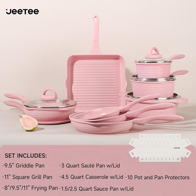 JEETEE Pink Pots and Pans Set Nonstick 23pcs, Healthy Kitchen Cookware Sets - Image 2