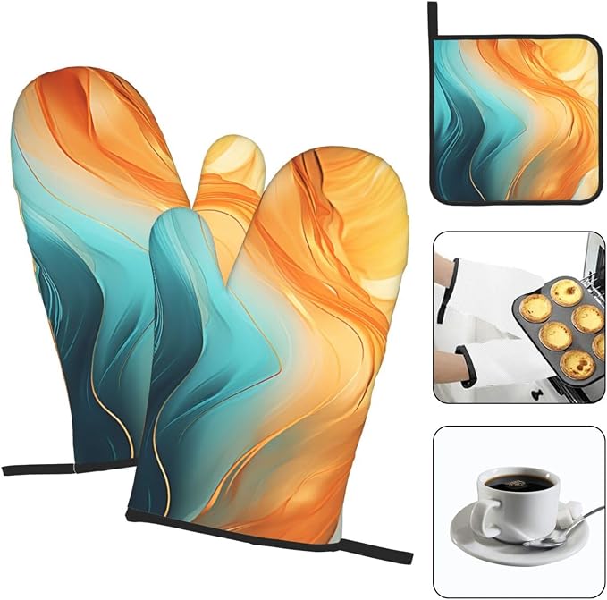 Orange Teal Marble Oven Mitts and Pot Holders Sets of 3 Kitchen Hot Pads Modern - Image 3