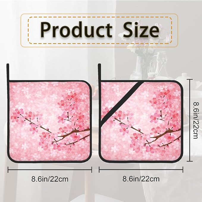 Pink Blooming Cherry Blossoms Pot Holder Set of 2, Heat Resistant Potholders - Image 2