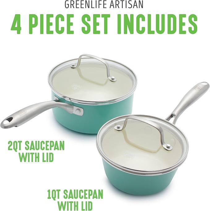 GreenLife Artisan Healthy Ceramic Nonstick, 1QT and 2QT Saucepan Pot Set - Image 5