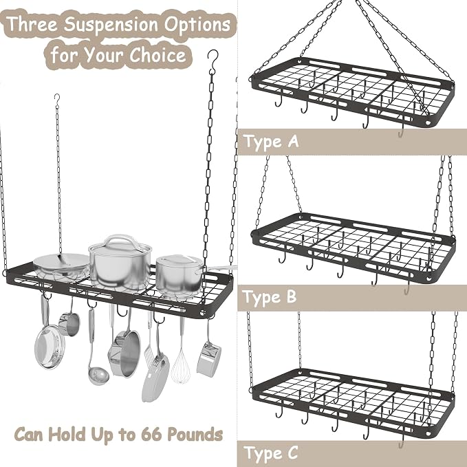 33” Pots and Pans Hanging Rack, Heavy-duty Metal Square Kitchen Ceiling Pot Rack - Image 5