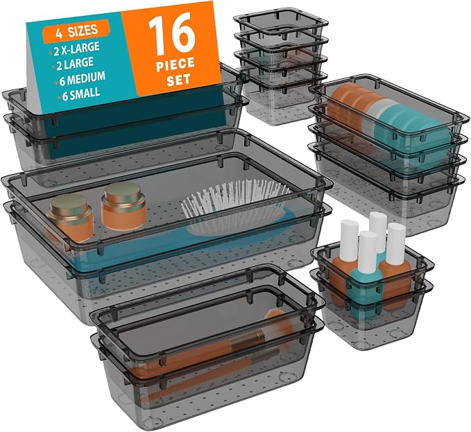 WOWBOX 16 PCS Clear Plastic Drawer Organizer Set, 4 Sizes Desk Drawer by WOWBOX