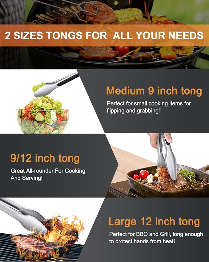 Cooking Tongs with Teeth, Premium Stainless Steel Kitchen Tongs Set of 2-9" and - Image 7