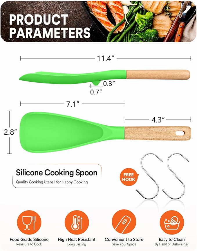 Cooking Spoon for Nonstick Cookwares, Wood Handle Spoon for Mixing, and Scrape - Image 2
