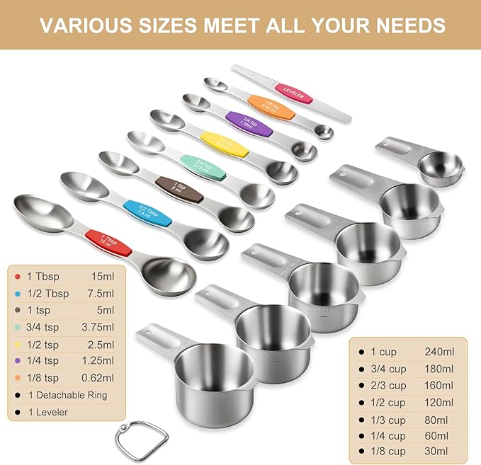 Stainless Steel Measuring Cups & Spoons Set, EWFEN Kitchen Tools Nesting - Image 2