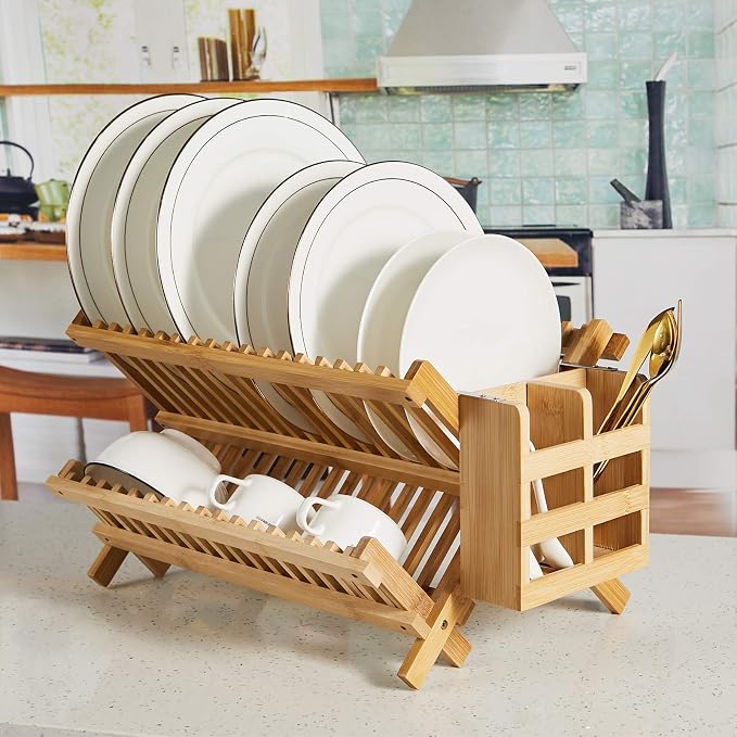 NOVAYEAH Bamboo Dish Drying Rack-2 Tier, Collapsible Small Dish Rack - Image 8