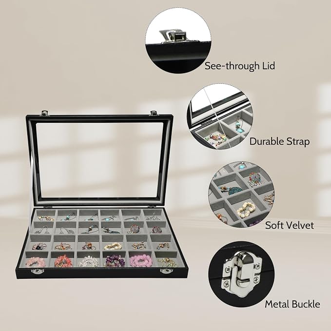 Stratalife Earring Organizer Velvet Jewelry Organizer Box 24 Grid Earring Tray - Image 5