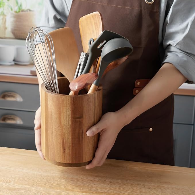 Bivvclaz Acacia Wood Utensil Holder, 360°Rotating 7.2" Utensil Holder - Image 7