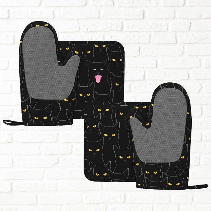 Fun Black Cat Oven Mitts and Pot Holders Set of 4 Silicone Heat Resistant Oven - Image 5