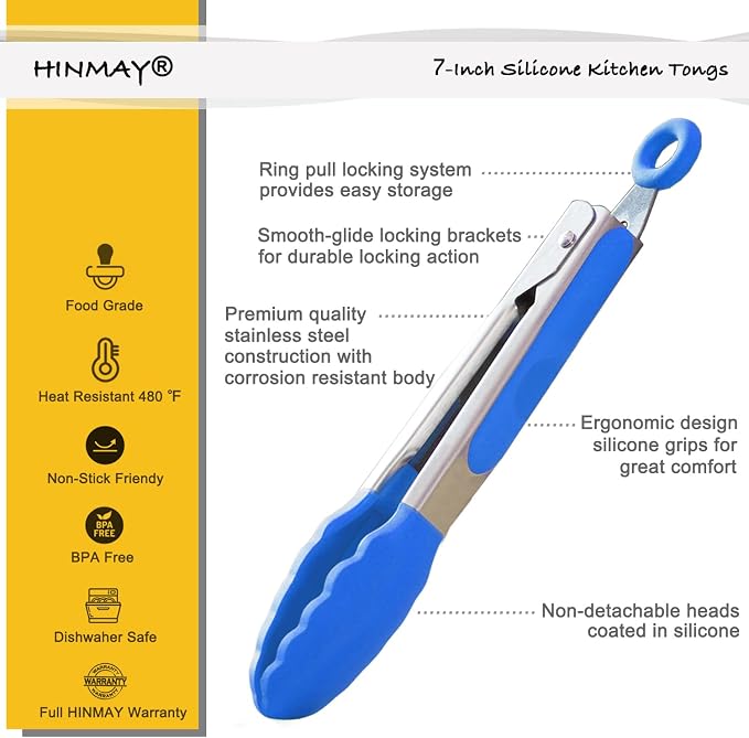 HINMAY Small Tongs with Silicone Tips 7-Inch Serving Tongs - Image 2