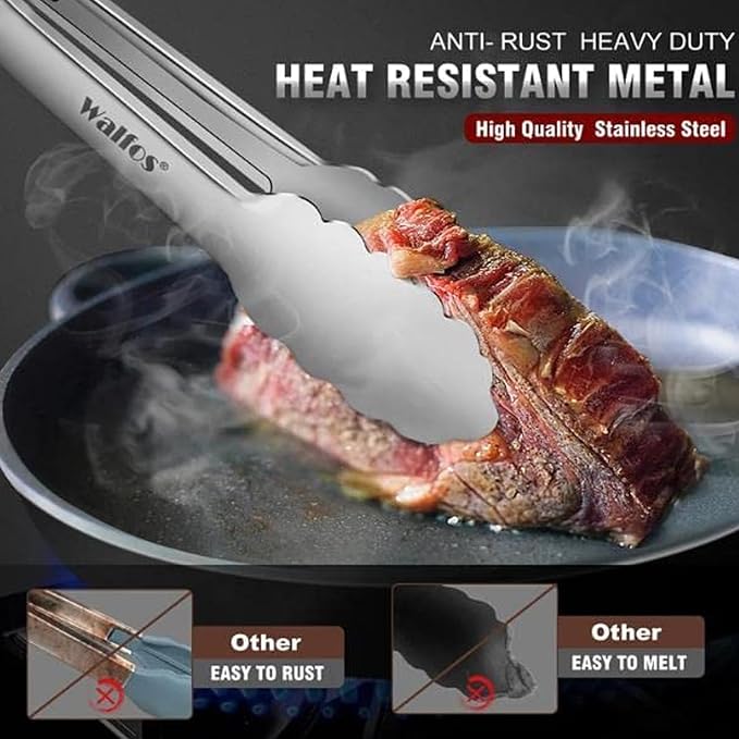 Walfos tongs for cooking, All Metal Kitchen Tongs 600℉ Heat Resistant, Heavy - Image 2