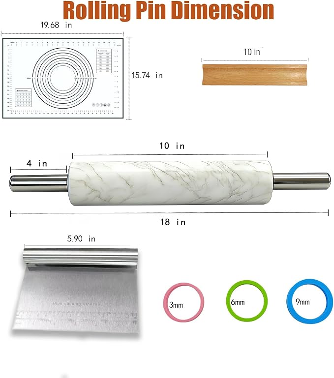 White Marble Rolling Pin with Stainless Steel Handles Baking Set - Image 5