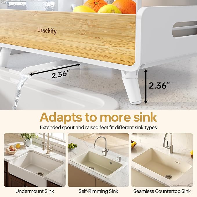 Urackify 2-Tier Dish Drying Rack, Large Stainless Steel & Bamboo Dish Rack - Image 6