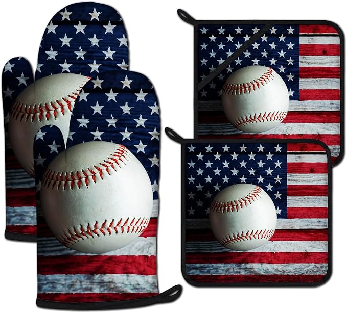 American Flag Baseball Oven Mitts and Pot Holders Sets Heat Resistant 4Pcs by ANTJOO