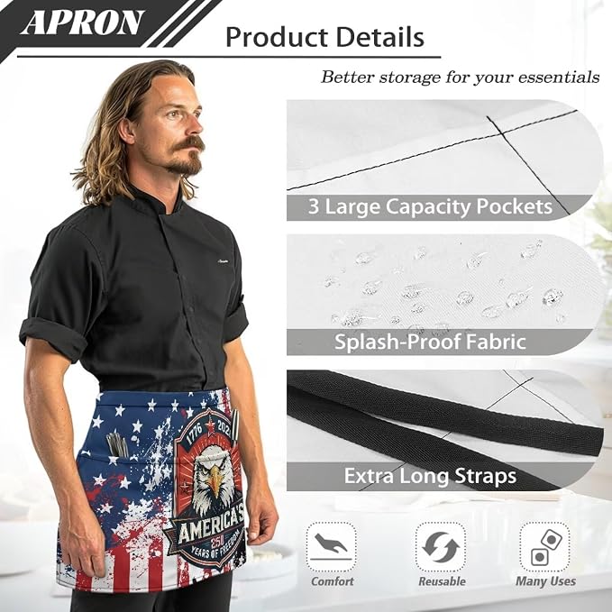 Server Apron with 3 Pockets, Waterproof Oil Waitress Waiter Half Apron - Image 6