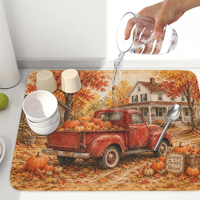 Fall Pumpkin Dish Drying Mat for Kitchen Counter Thanksgiving Autumn Harvest - Image 6
