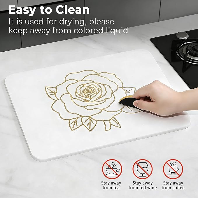 Stone Dish Drying Mat for Kitchen Counter, Glittery Resin Rose Pattern Quick - Image 6