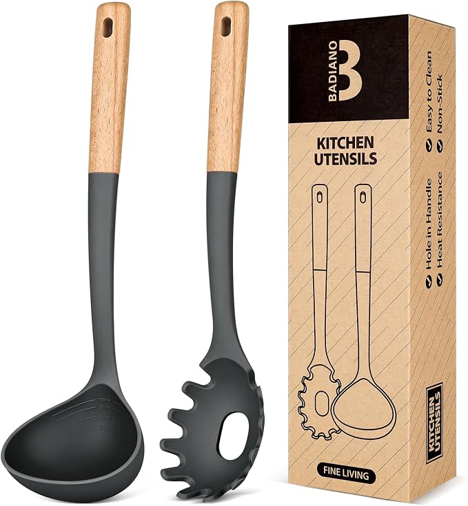 Pasta Fork and Ladle Set, and Sauce Pasta, BPA-Free Matte Silicone, Wood Handle by BADIANO