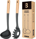 Pasta Fork and Ladle Set, and Sauce Pasta, BPA-Free Matte Silicone, Wood Handle by BADIANO