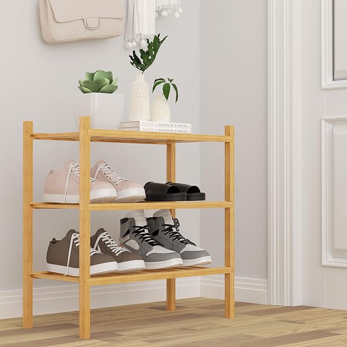 ROMGUAR CRAFT 3-Tier Bamboo Small Shoe Rack, Free Standing Wood Shoe Shelf - Image 2