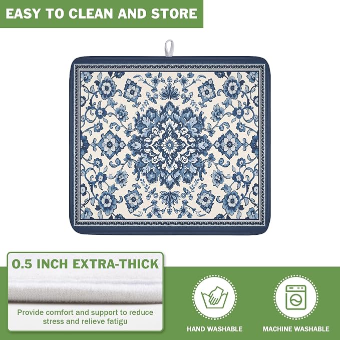 Blue Floral Dish Drying Mat for Kitchen Counter Vintage Flower Pattern - Image 5