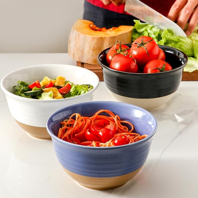 HASENSE Large Ceramic Soup Bowls Set of 4, 40 Oz Gloss Black Beige Stackable - Image 6