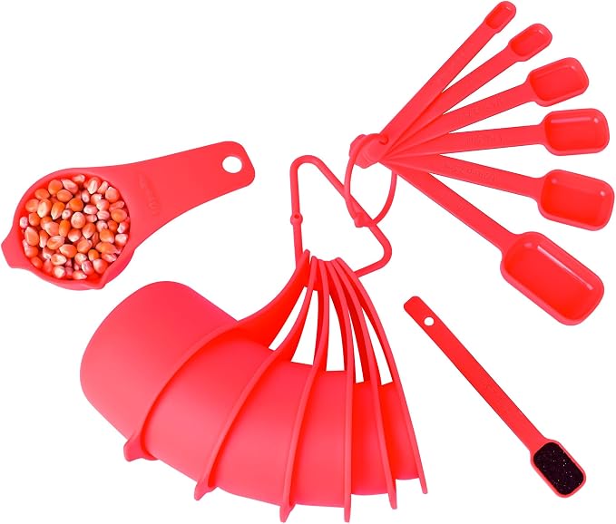 Red Measuring Cups and Spoons Set 15, 7 Plastic Measuring Cup Set, 7 Spice Long - Image 6