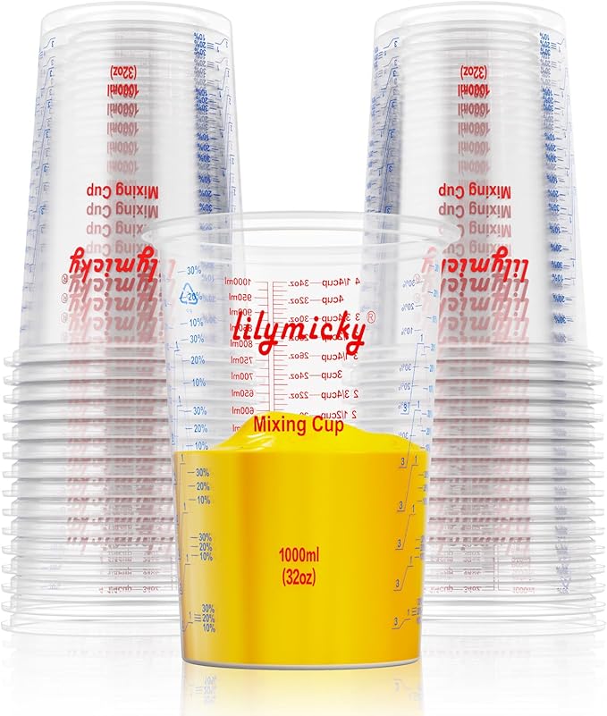 25 PACK Plastic Measuring Cups, 32 oz Disposable Mixing Cups, Measurement by Lilymicky