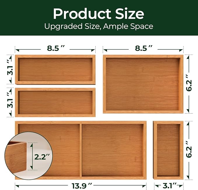 keechee 5-Piece Bamboo Drawer Organizer Set, 2.2" Deep Multi-Use Organizers - Image 4