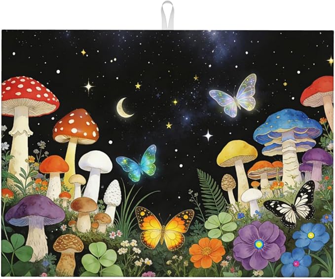 Mushroom Dish Drying Mat, for Kitchen Counter Microfiber Absorbent, Aesthetics by Vodbne