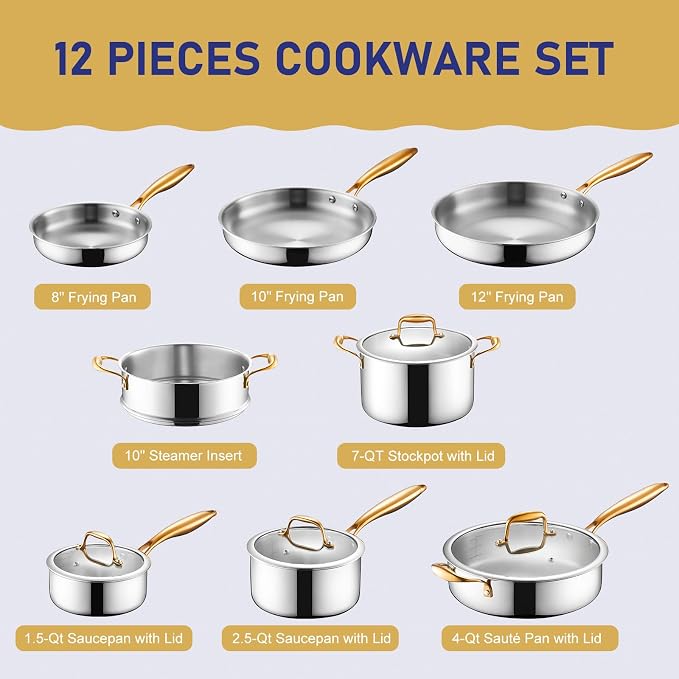 Triple Ply Stainless Steel Pots and Pans Set, EWFEN 12 Piece Induction Cookware - Image 2