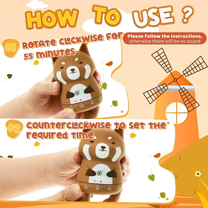 Amylove 4 Pieces Cute Kitchen Timer Animal Mechanical Manual Fox Raccoon Bear - Image 7