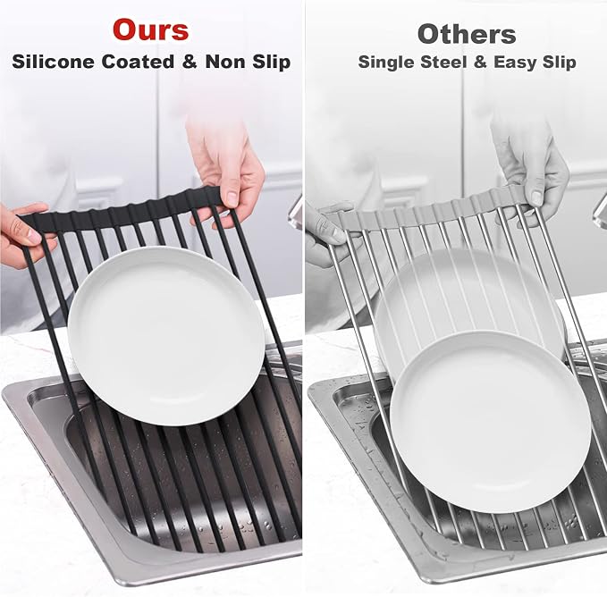 MERRYBOX Roll Up Dish Drying Rack Silicone Wrapped Over The Sink Dish Drying - Image 6