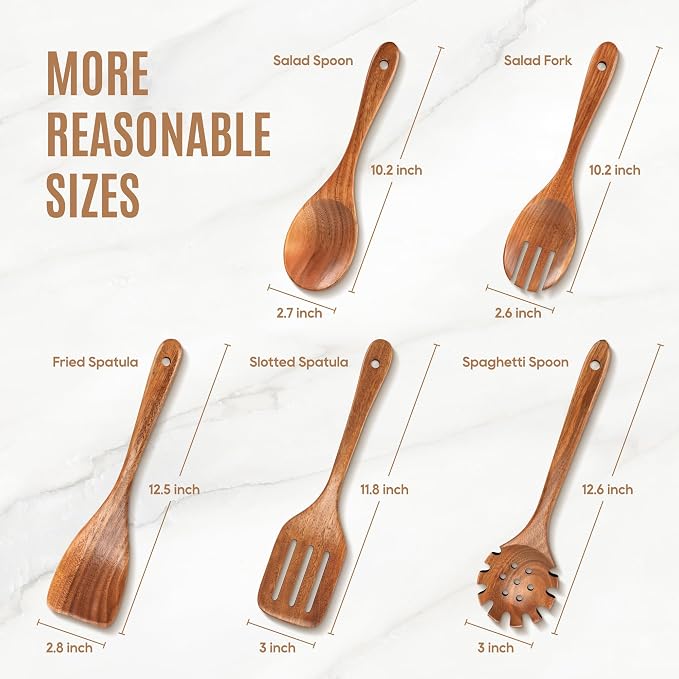 5 PCS Wooden Spoons for Cooking Natural Teak Kitchen Utensils Set Smooth - Image 5