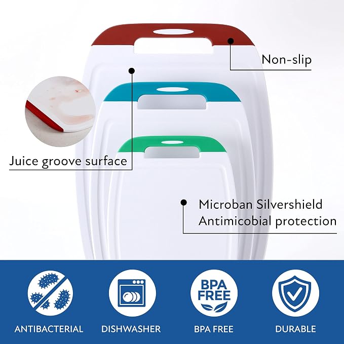 Neoflam Microban Antimicrobial Plastic Cutting Board 3 Sets, BPA Free, Non-Slip - Image 5
