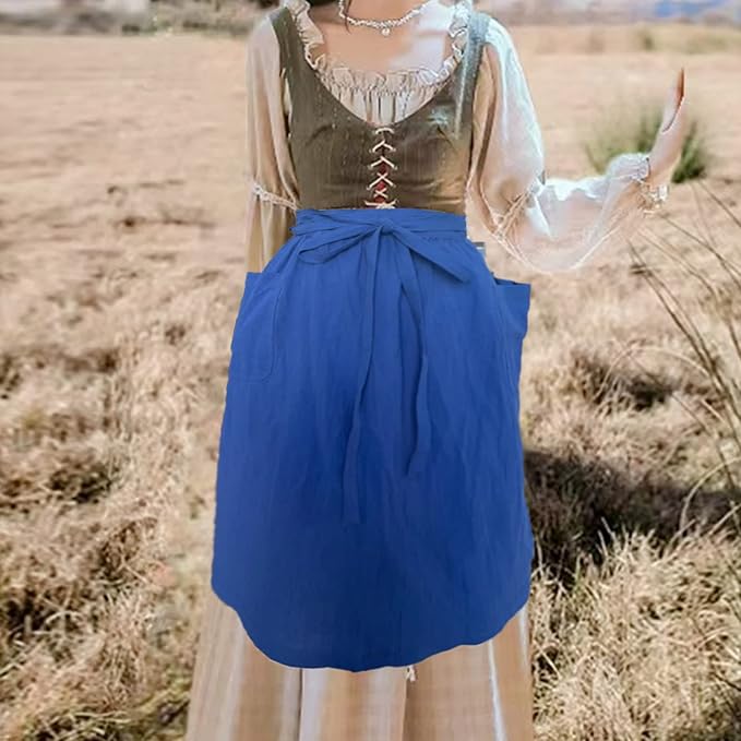 Cotton Linen Half Apron for Women Vintage Waist Apron Ruffle Plain Bright Color - Image 5