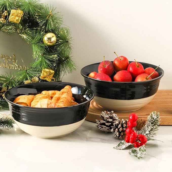 HASENSE Large Porcelain Serving Bowls Set of 2, 60 Oz 8.5 Inch Black & Beige - Image 6