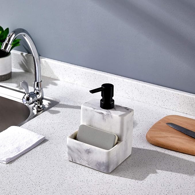 zccz Soap Dispenser with Sponge Holder, Marble Look Liquid Hand and Dish Soap - Image 2