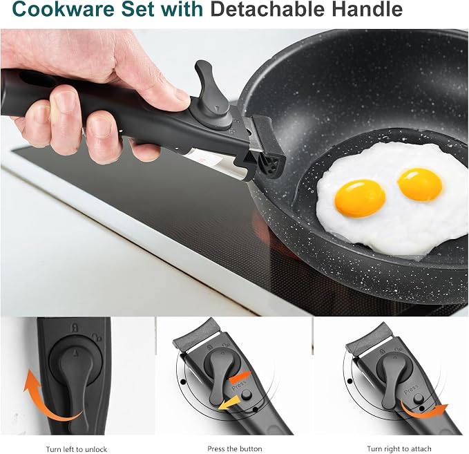 NEWBULIG 12-Piece Nonstick Cookware Set, Detachable Handle Pots and Pans - Image 6