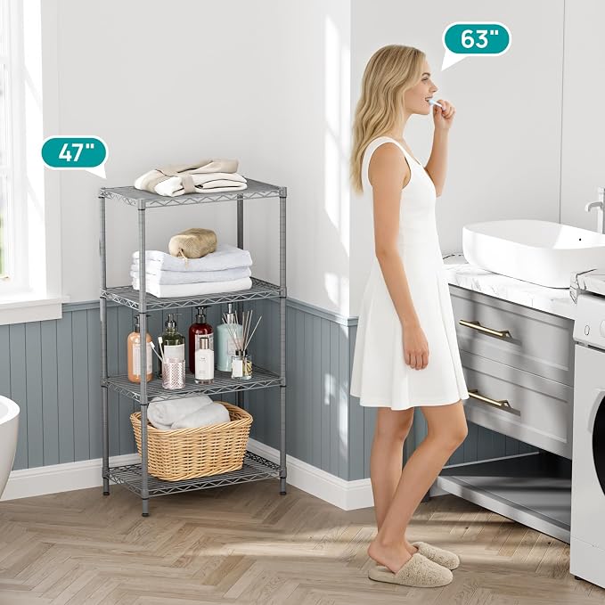 SINGAYE 4 Shelves Adjustable Storage Shelf Wire Shelving Rack Bathroom Standing - Image 8