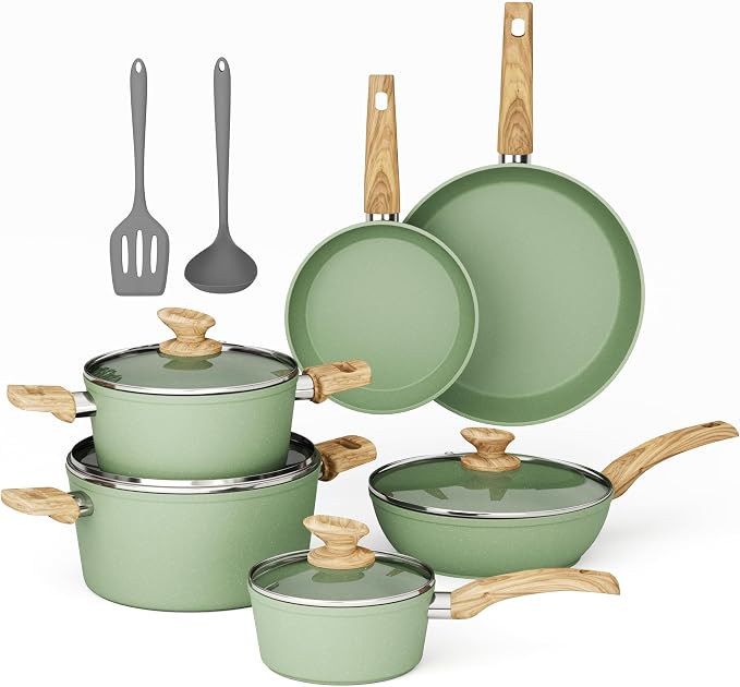 MAISON ARTS Pots and Pans Set Non Stick, 12 Piece Green Granite Kitchen by MAISONARTS