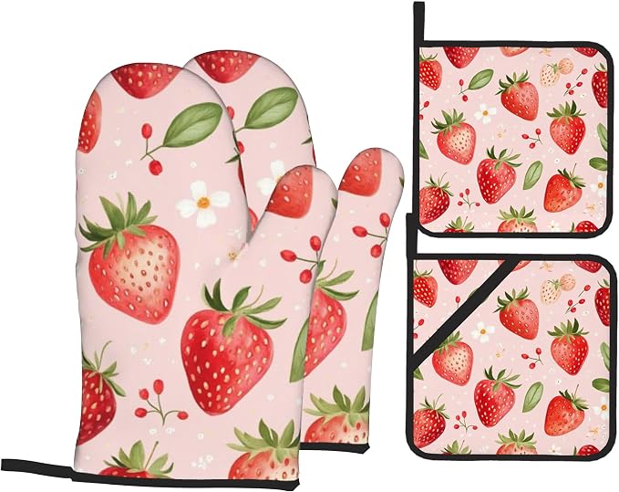 Strawberry Daisy Pattern Oven Gloves and Hot Pads Set by Unknown